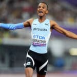 Busang Kebinatshipi of Botswana celebrates after winning the 400m final at the 2025 World Championships in Tokyo.