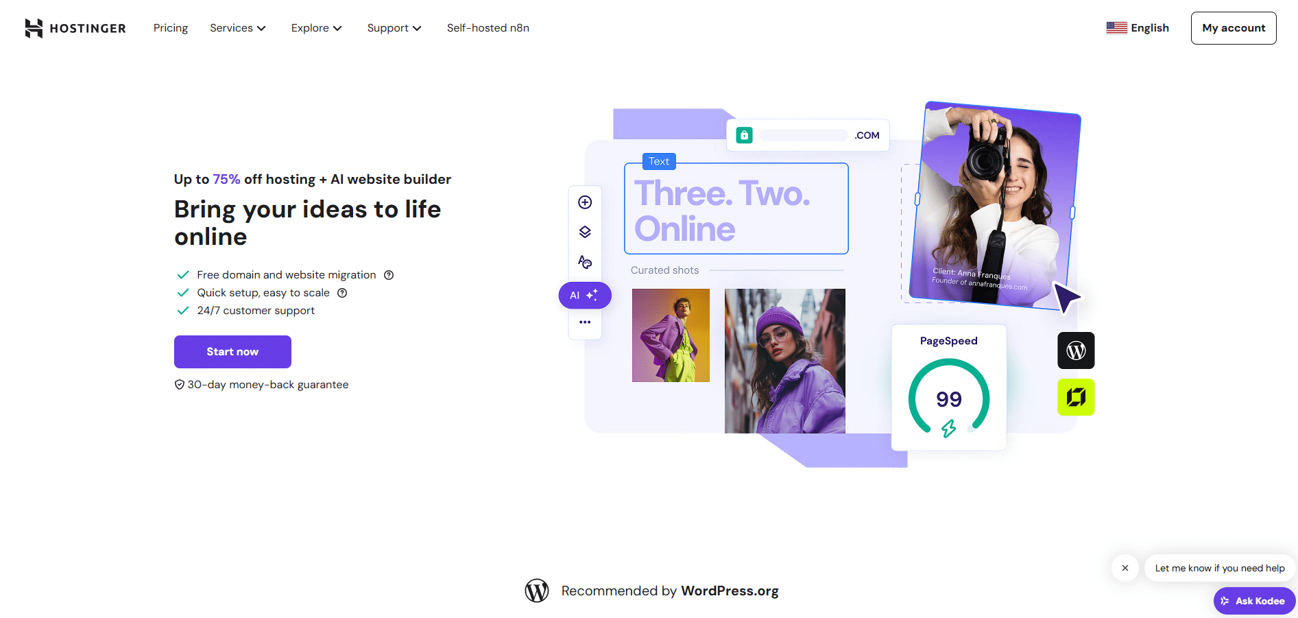 Hostinger homepage with ai website builder and fast hosting solutions