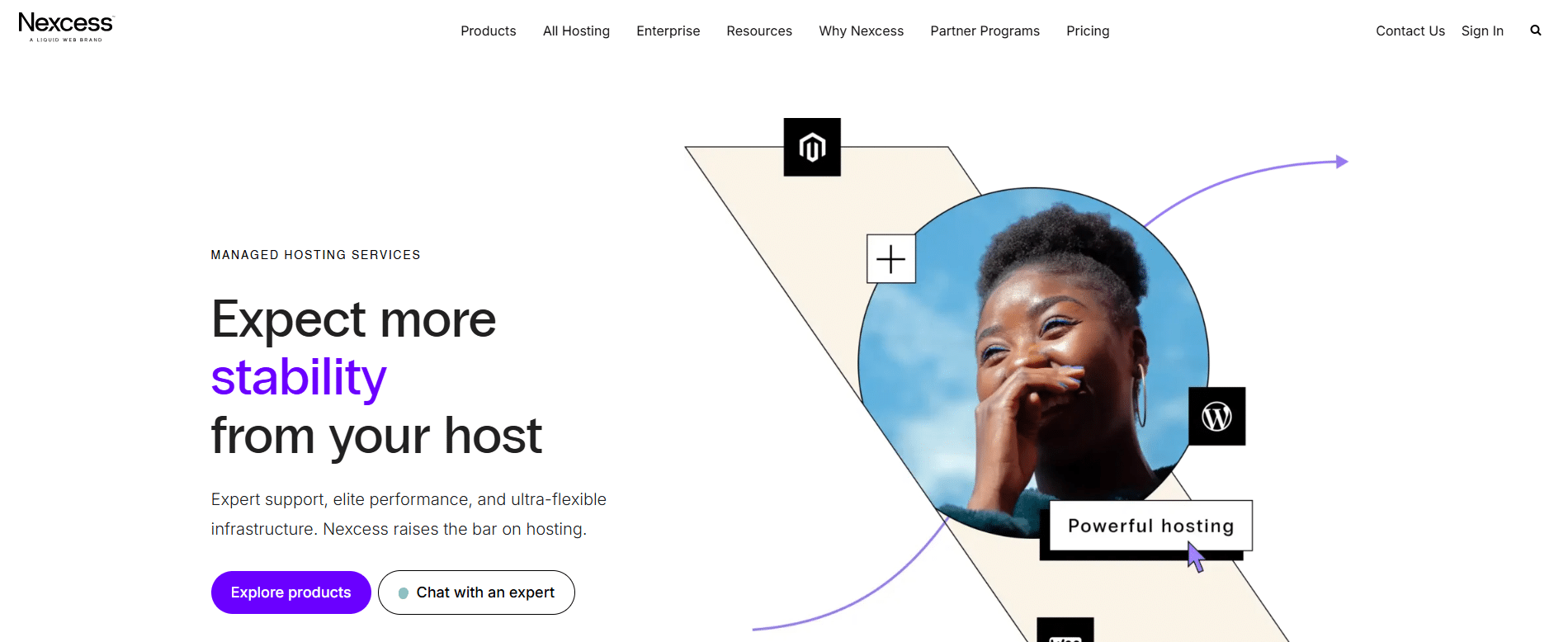 Nexcess hosting homepage promoting managed hosting services with expert support and flexible infrastructure
