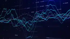 Abstract digital waves and data points visualizing complex analytics and financial fluctuations on a dark blue background