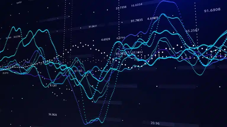 Abstract digital waves and data points visualizing complex analytics and financial fluctuations on a dark blue background.