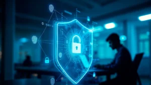 Digital lock icon symbolizing cybersecurity and data protection with a person working in background