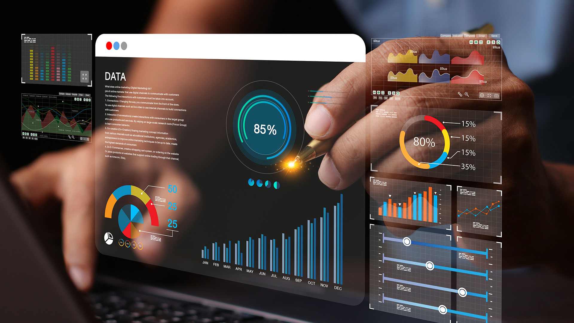 Data Analytics Dashboard for Business Intelligence | Brimco Hand analyzing interactive business analytics dashboard with kpi charts and graphs