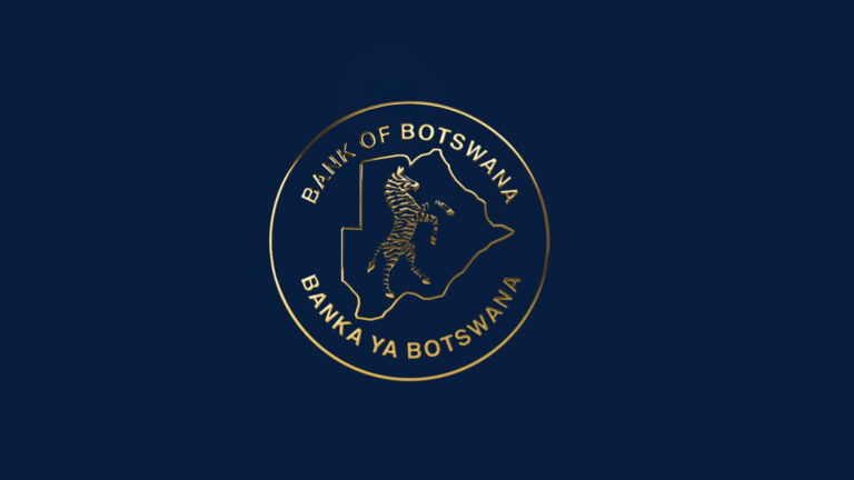 Gold bank of botswana logo featuring a zebra inside the outline of botswana on a dark blue background with text in english and setswana
