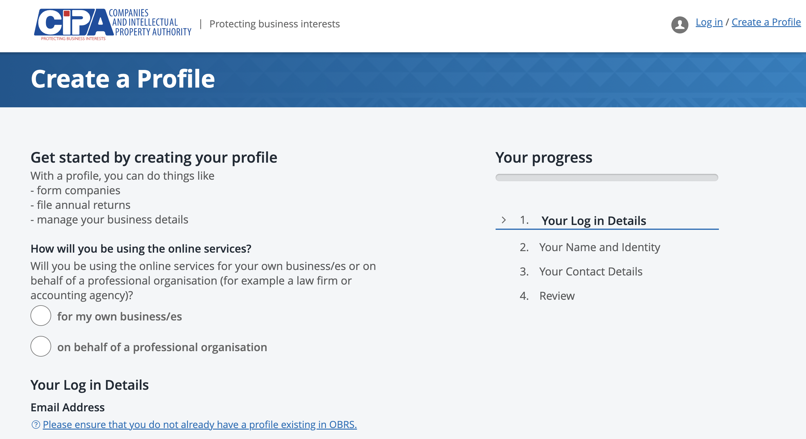 Cipa online portal profile creation page with options for business or professional registration
