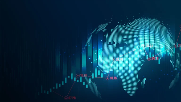 Digital map of Africa with stock market charts, data points, and glowing indicators representing financial trends and economic growth.