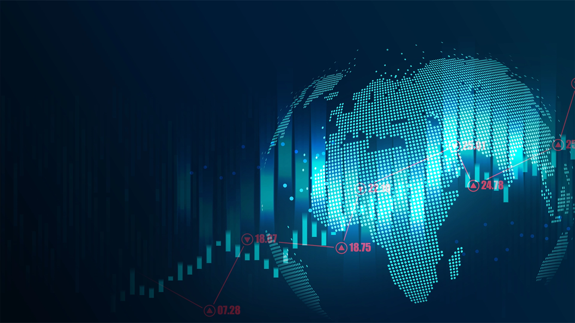 Digital map of africa with stock market charts data points and glowing indicators representing financial trends and economic growth