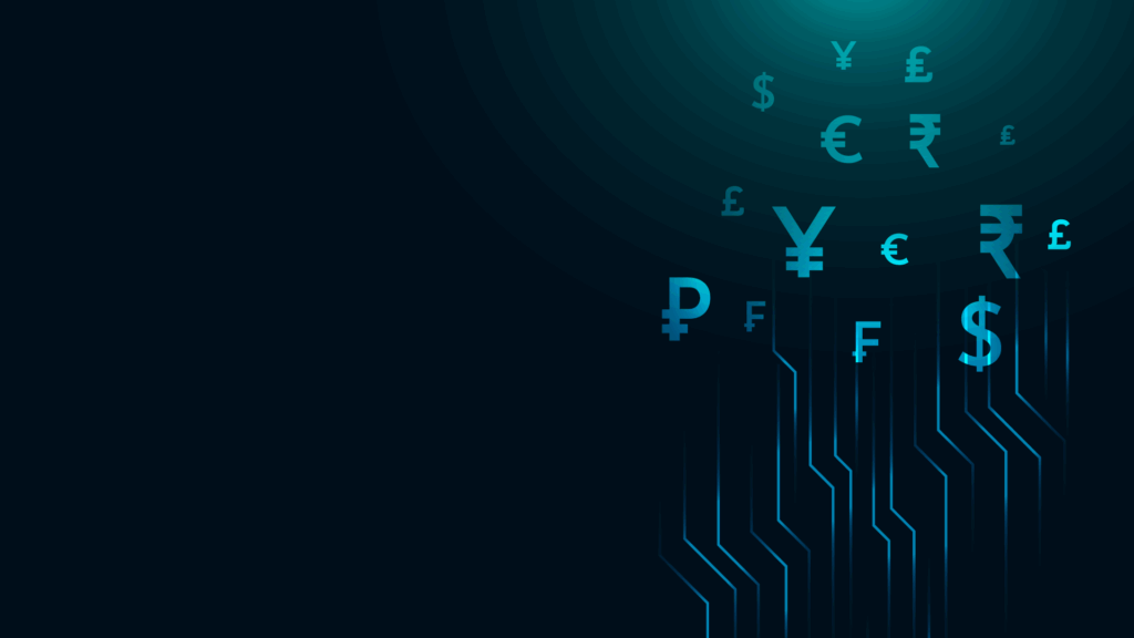 Digital graphic of currency symbols and circuit lines on a dark blue background symbolizing global financial technology and digital money