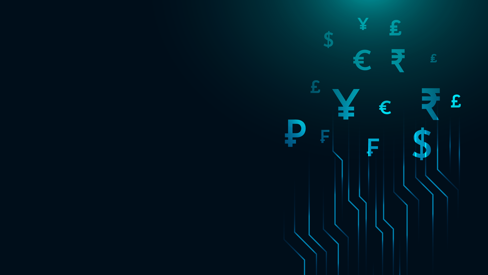 Digital Currency Flow Global Exchange Concept | Brimco Digital graphic of currency symbols and circuit lines on a dark blue background symbolizing global financial technology and digital money