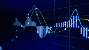 Abstract financial graph on a blue digital screen showing market trends price fluctuations and trading activity