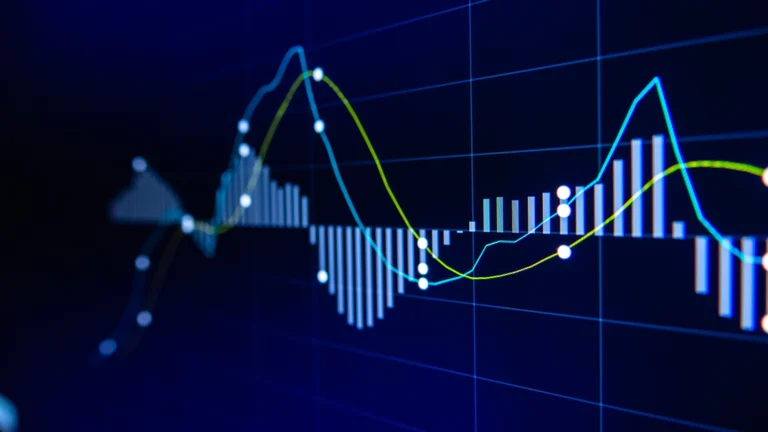 Abstract financial graph on a blue digital screen showing market trends price fluctuations and trading activity