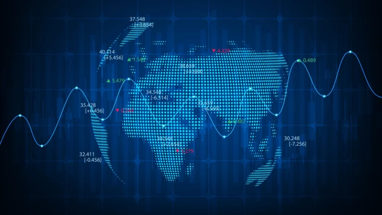 Blue digital world map with stock market data points, lines, and financial metrics overlayed.