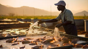 Man feeding tilapia fish in an aquaculture pond at sunrise with mountains in the background