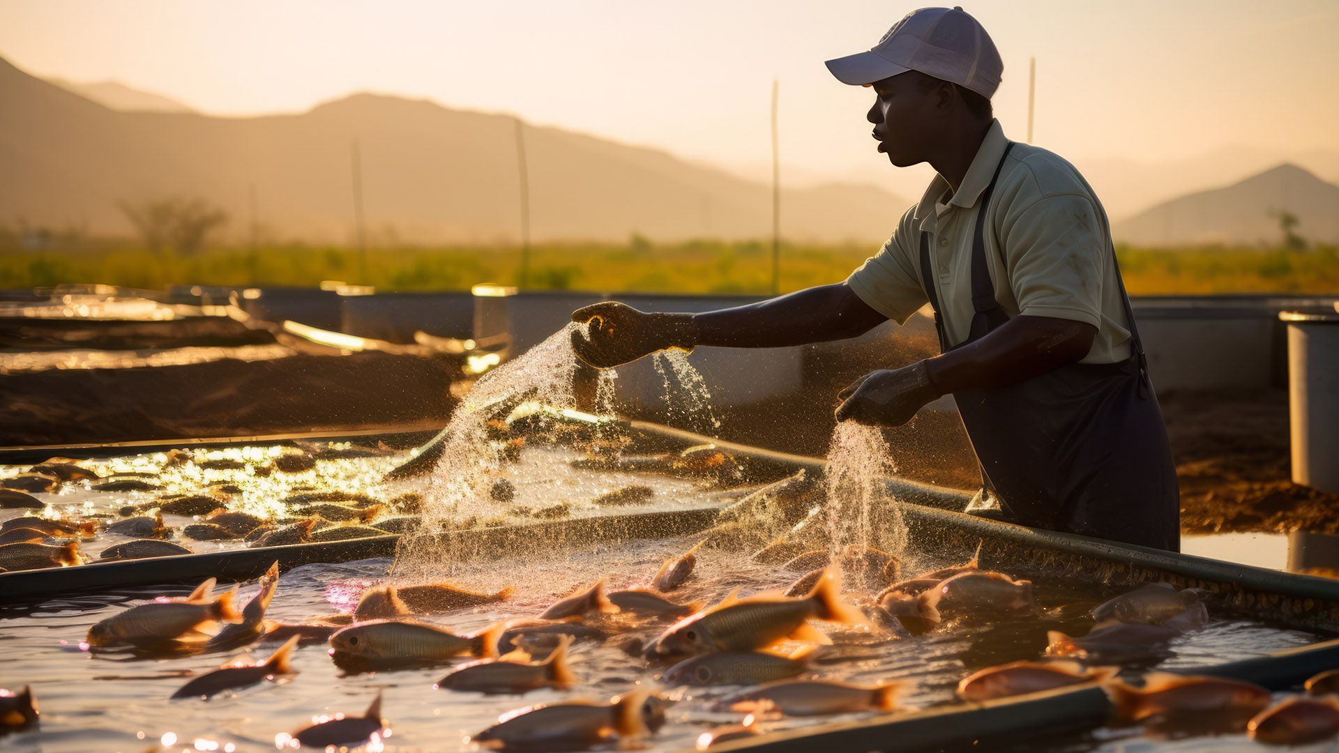 Feeding Time at the Fish Farm | Brimco Man feeding tilapia fish in an aquaculture pond at sunrise with mountains in the background