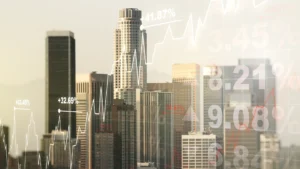 Financial chart graphics and percentage figures overlaid on a city skyline representing market growth investment trends and economic indicators