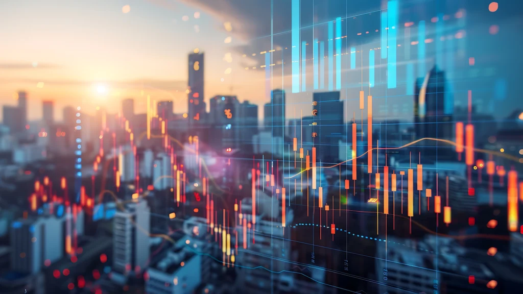 City skyline at sunrise with overlaid financial graphs and stock market data, representing global finance and digital economy trends.
