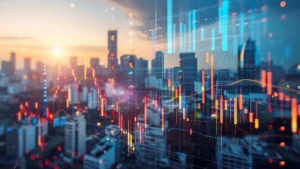 City skyline at sunrise with overlaid financial graphs and stock market data representing global finance and digital economy trends