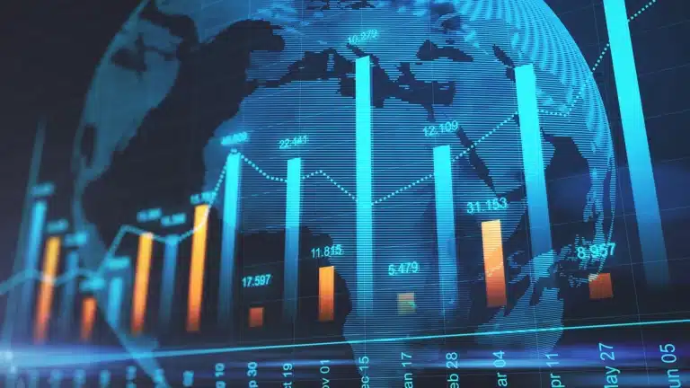 Digital world map with glowing financial bar and line charts representing global market growth and investment data.