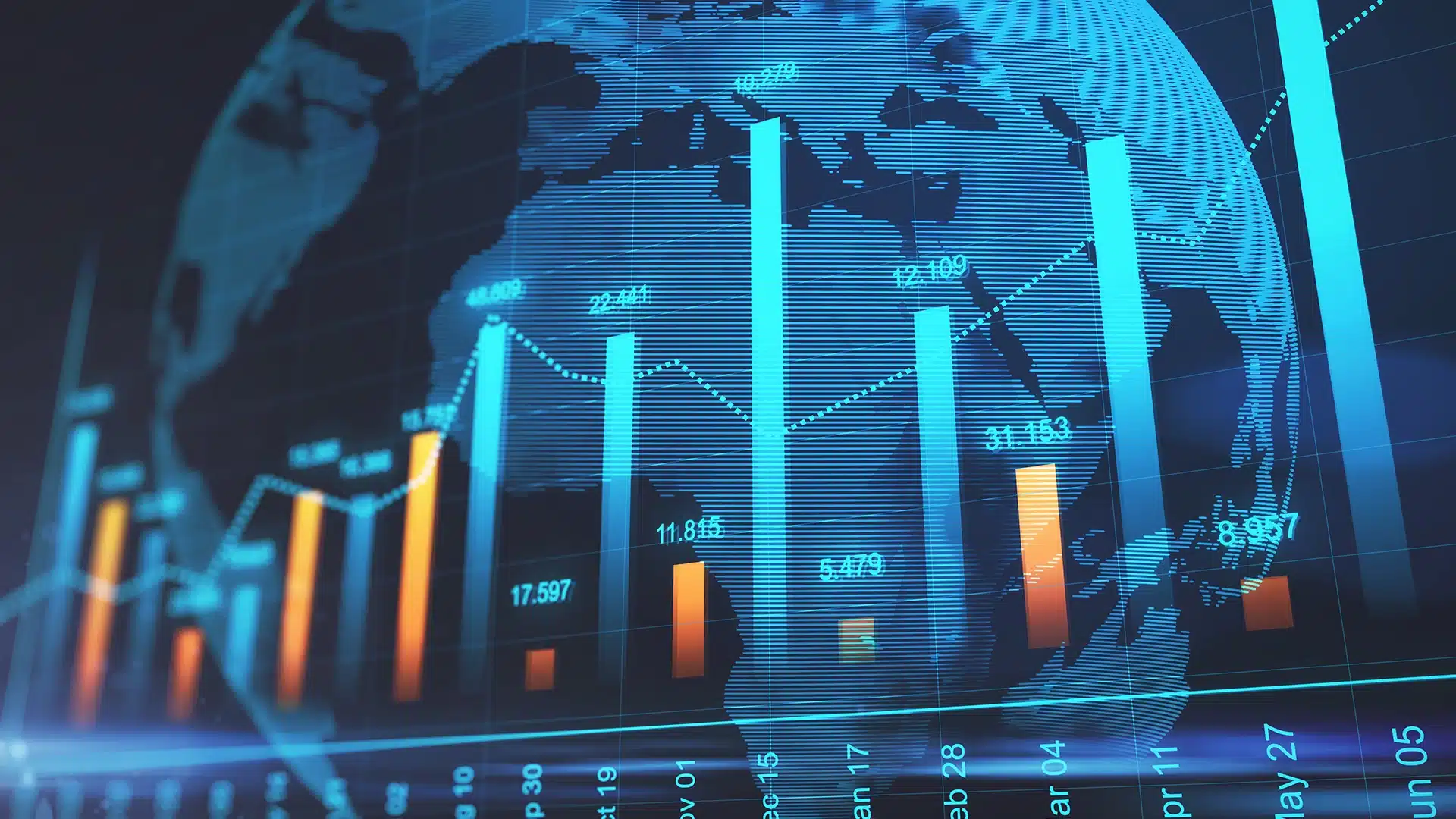 Digital world map with glowing financial bar and line charts representing global market growth and investment data