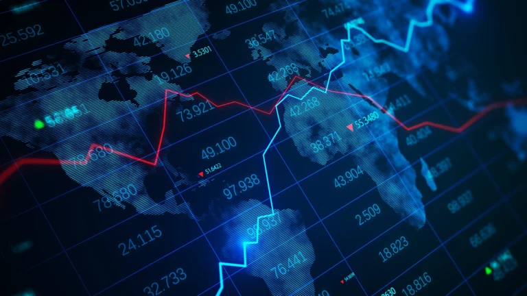 World map with glowing stock market charts, red and blue trend lines, and financial data overlays on a digital grid background.