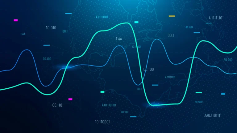 Futuristic digital world map with colorful data waveforms, numerical codes, and binary-inspired labels representing global tech systems and analytics.