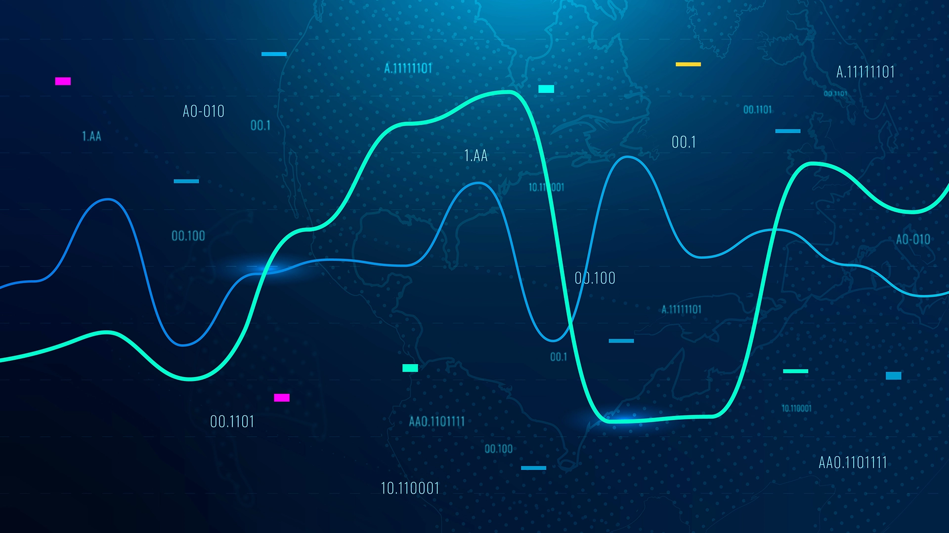 Futuristic digital world map with colorful data waveforms numerical codes and binary inspired labels representing global tech systems and analytics