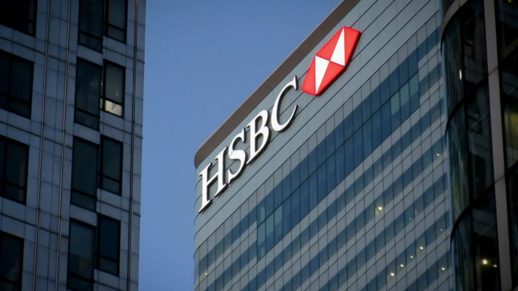 Hsbc headquarters building with logo illuminated at dusk in canary wharf london