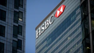 Hsbc headquarters building with logo illuminated at dusk in canary wharf london