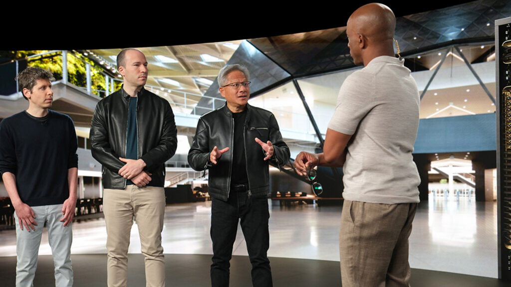 Nvidias jensen huang speaking with openais sam altman greg brockman and a host discussing a new strategic ai partnership