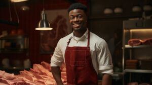 Young african american butcher in a red apron standing behind a counter with fresh cuts of meat in a butcher shop
