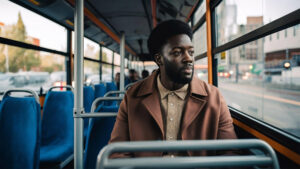 Young african man in a brown coat sitting on a public city bus looking out the window with a thoughtful expression