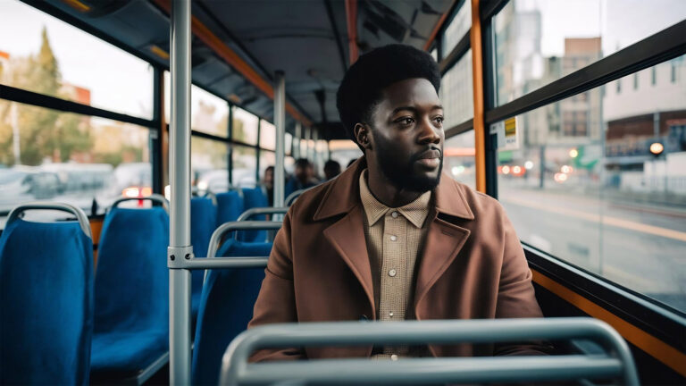 Young african man in a brown coat sitting on a public city bus looking out the window with a thoughtful expression