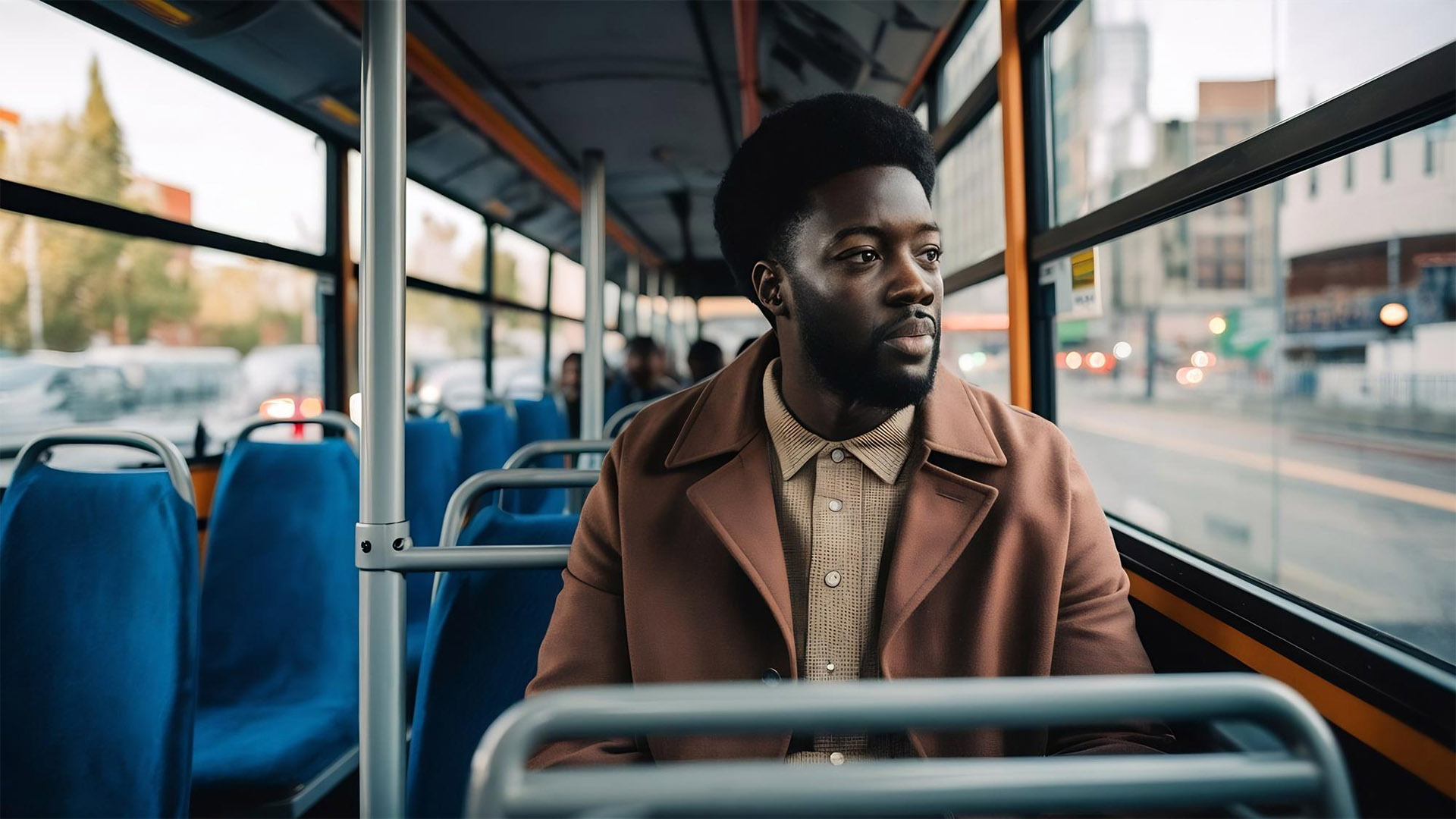 Reflecting in Transit | Brimco Young african man in a brown coat sitting on a public city bus looking out the window with a thoughtful expression
