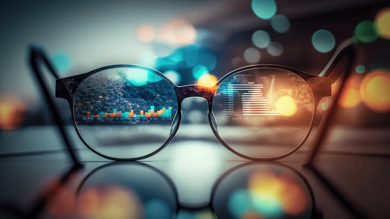 Eyeglasses reflecting financial graphs and charts representing data driven insight analysis and the future of financial technology