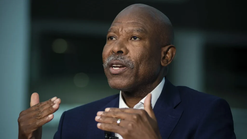 South african reserve bank governor speaking during an interview discussing economic policy and financial stability