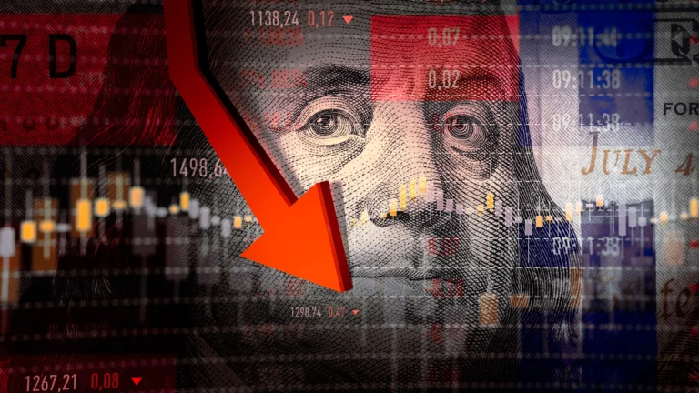 Red downward arrow over benjamin franklins portrait on the us dollar representing a stock market crash and economic decline