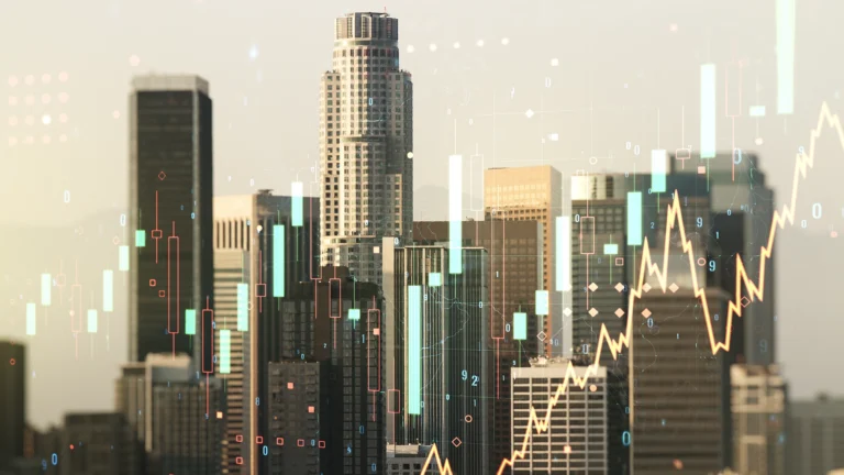 City skyline with overlaid financial graphs and stock market data symbolizing economic growth and urban financial trends
