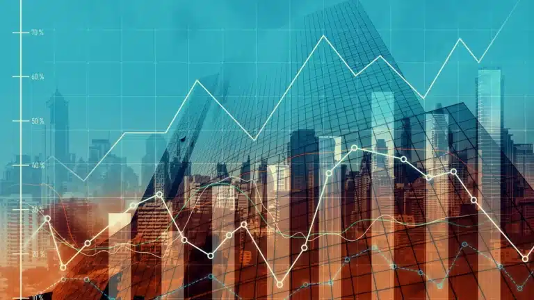 Digital financial chart overlaying a modern city skyline symbolizing economic growth, investment data, and market analysis.