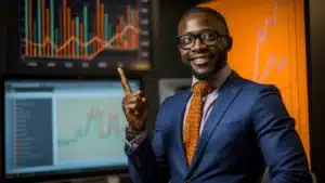 A smiling man in a blue suit and patterned orange tie points at a screen displaying financial charts inside a modern analytics workspace