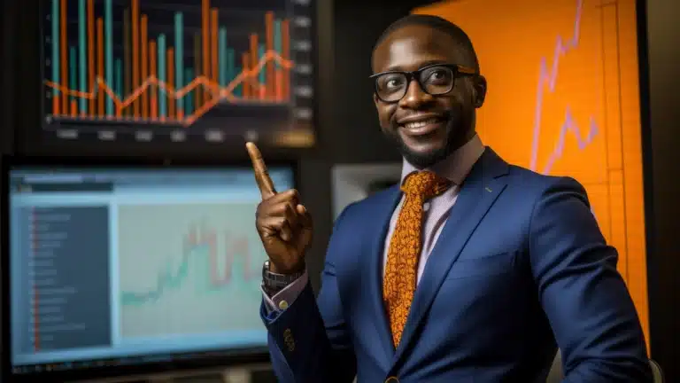 A smiling man in a blue suit and patterned orange tie points at a screen displaying financial charts inside a modern analytics workspace