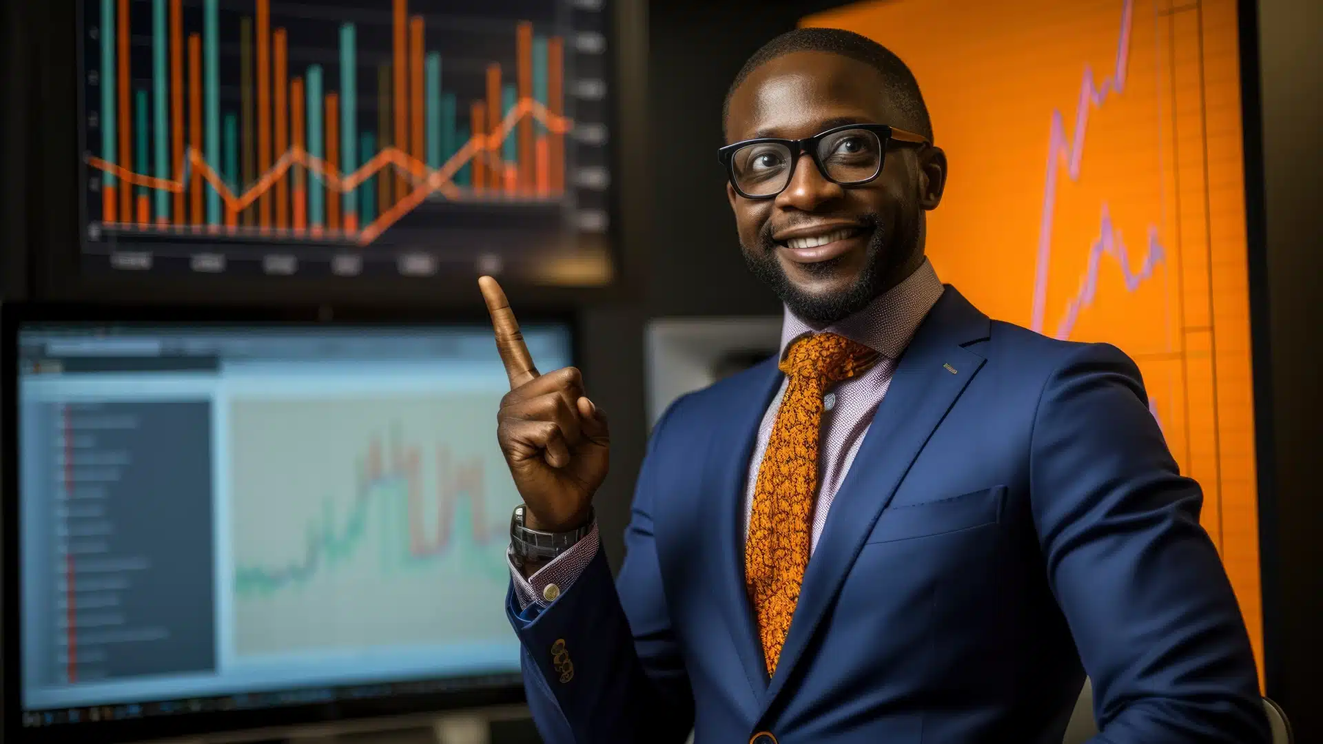 A smiling man in a blue suit and patterned orange tie points at a screen displaying financial charts inside a modern analytics workspace