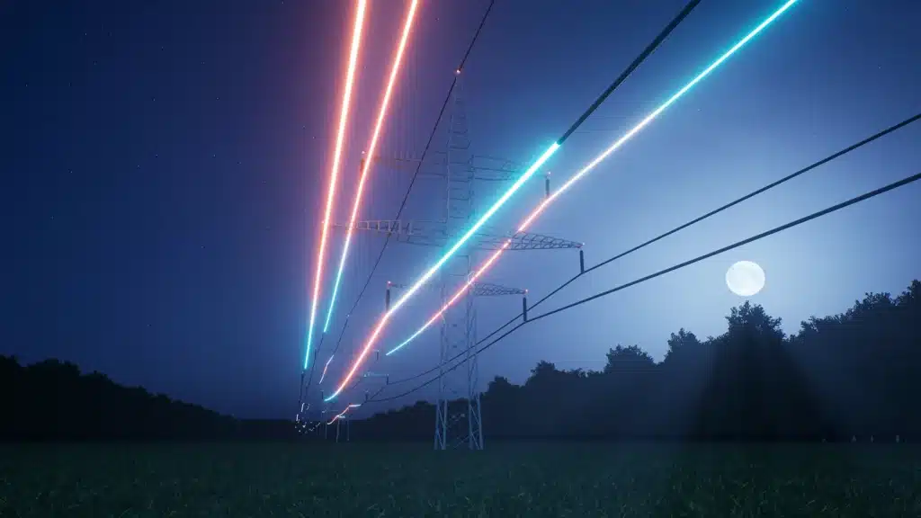High-voltage power lines at night with glowing light trails representing energy flow.