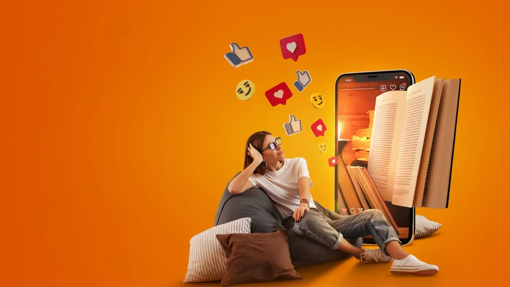 Woman sitting beside a large smartphone displaying books with social media icons floating around.