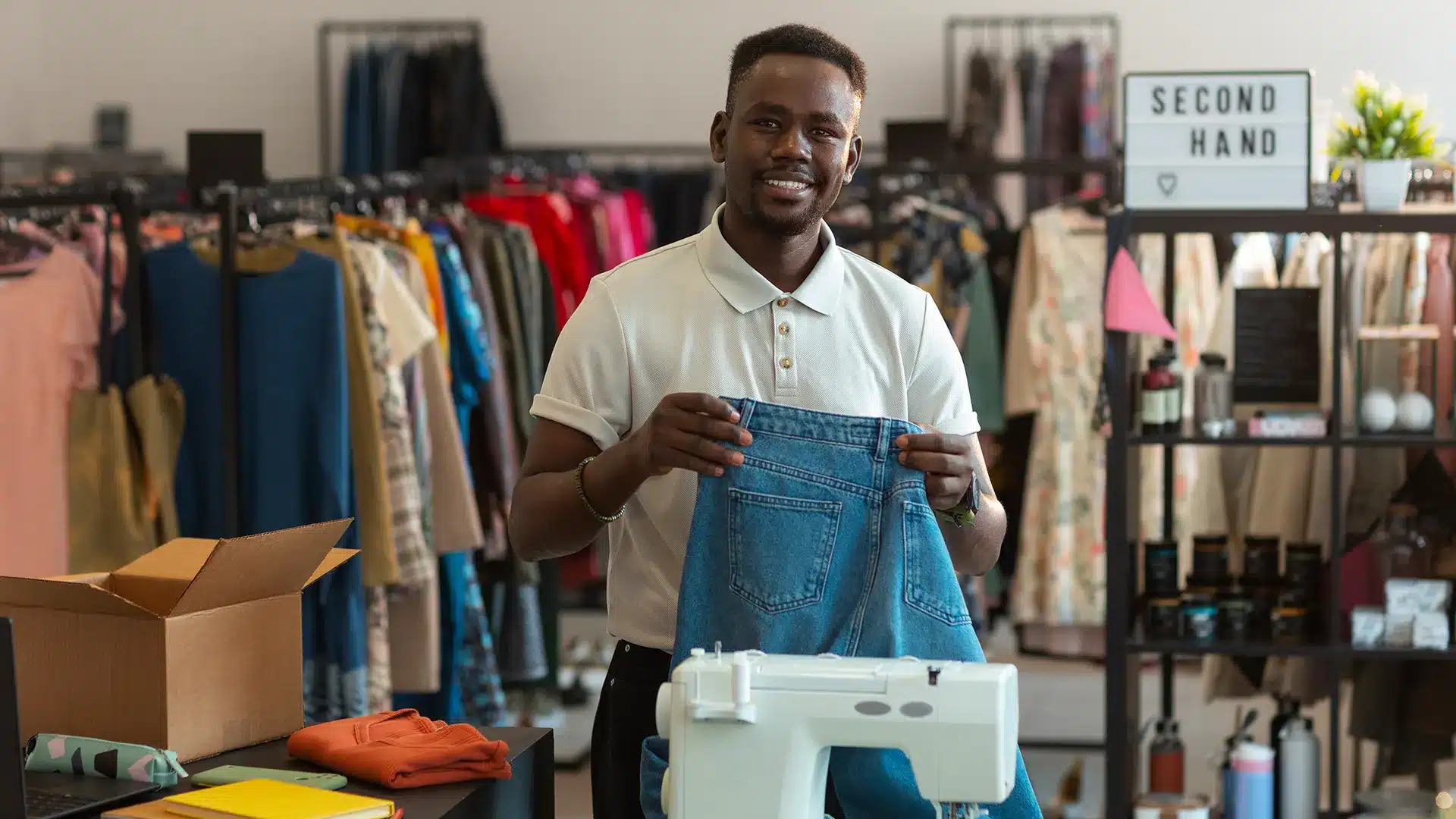 Smiling tailor holding a pair of jeans inside a second hand clothing store
