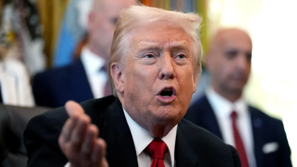 Donald Trump Addresses Reporters During a White House Meeting | Brimco Donald trump speaking passionately during a white house meeting wearing a dark suit white shirt and red tie
