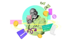 Smiling person holding a piggy bank with digital icons of money credit cards and savings surrounding them