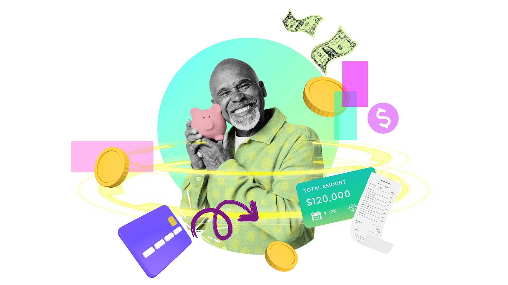 Embracing Digital Finance and Smart Saving | Brimco Smiling person holding a piggy bank with digital icons of money credit cards and savings surrounding them