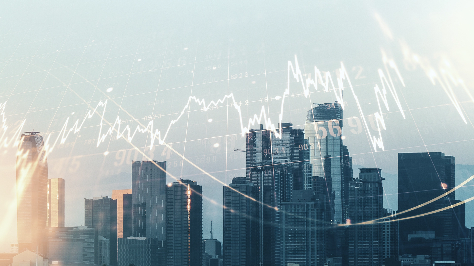 Financial Growth and Urban Expansion | Brimco City skyline with superimposed financial graphs and stock market data representing economic trends and investment activity