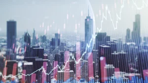 Digital financial graph overlaying a city skyline representing global markets urban development and economic growth indicators