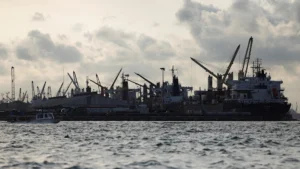Cargo ships docked at an industrial port with cranes silhouetted against a cloudy sky viewed from the water